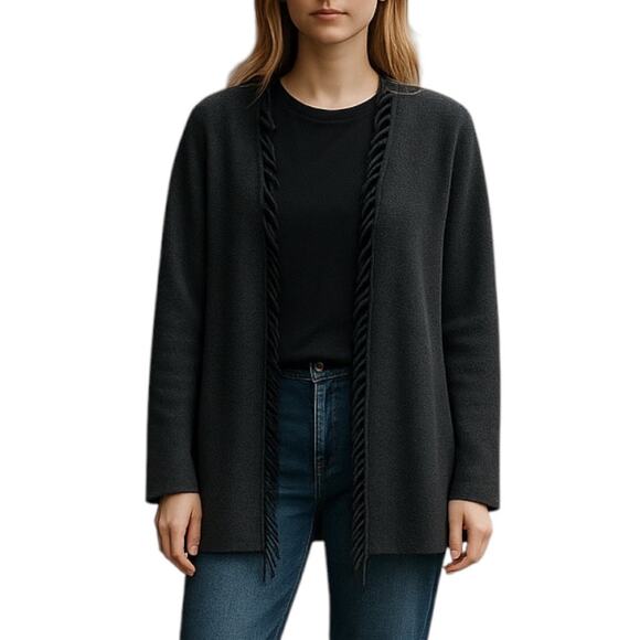 Magaschoni 100% Cashmere Fringe Trim Open Front Cardigan Gray Size XS - Picture 1 of 8